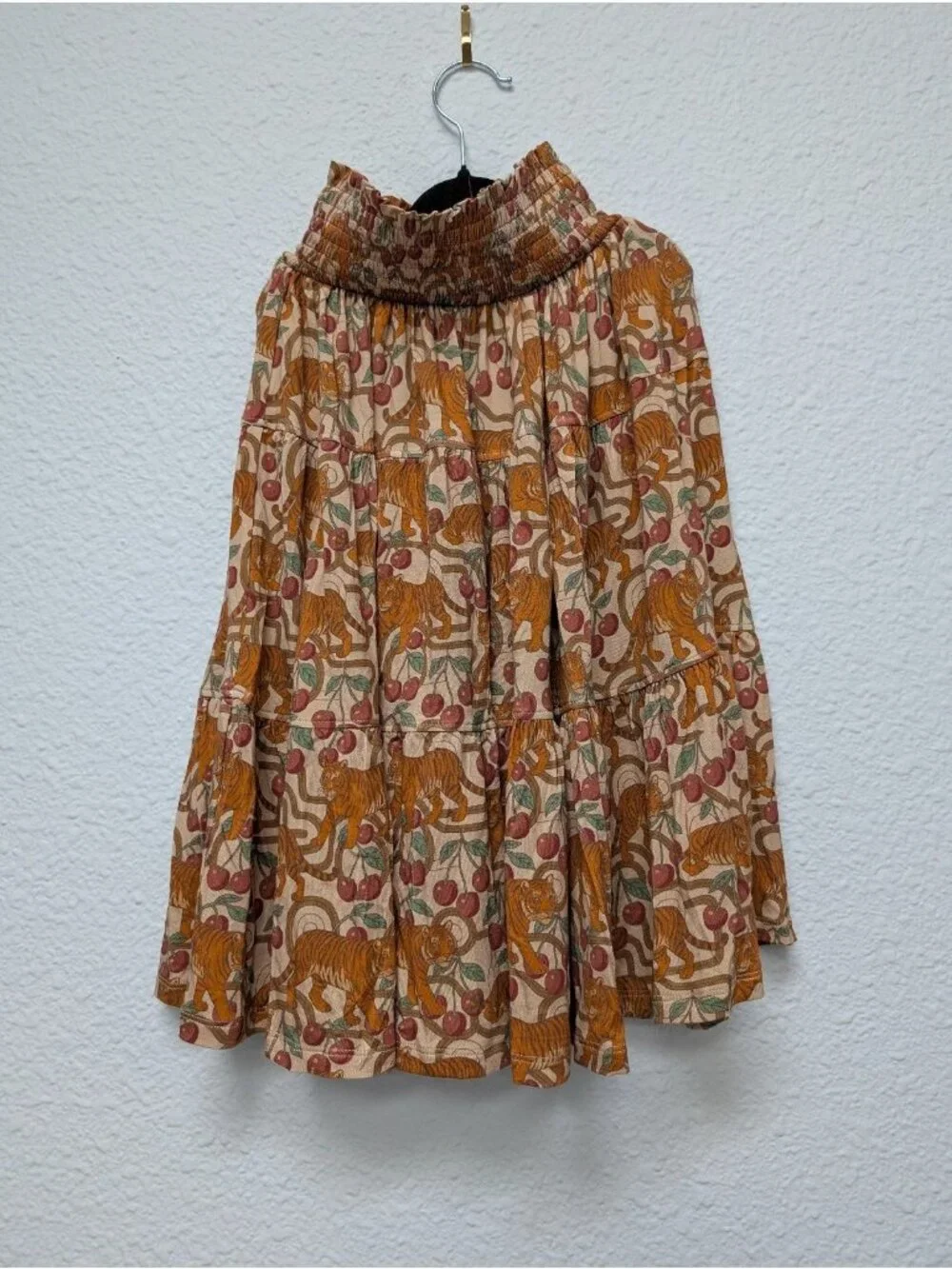 Kate Quinn Bamboo Tigers & Cherries Maxi Skirt Smocked Waist 4T